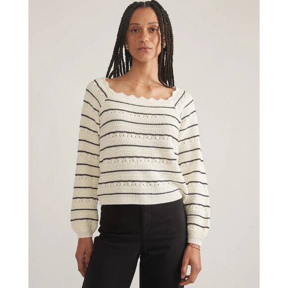Marine Layer Sara Breton Striped Square Neck Striped Balloon Sleeve Sweater - Picture 2 of 13